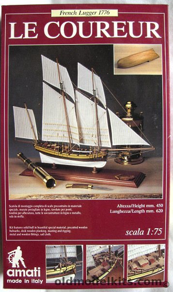Amati 1/75 Le Coureur - French Lugger 1776 - Wooden Ship Model with Book 'Le Coureur 1776' from Collection Archeologie Navale Francaise, 1441 plastic model kit